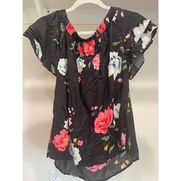 Old‎ Navy Women's Floral Off-the-Shoulder Blouse Top Black Hawaiian Size Medium - Picture 1 of 6
